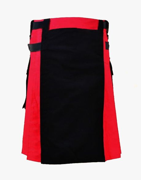 HYBRID KILT IN BLACK AND RED WITH LEATHER STRAPS - scottish kilt jacket