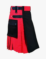 HYBRID KILT IN BLACK AND RED WITH LEATHER STRAPS - scottish kilt jacket