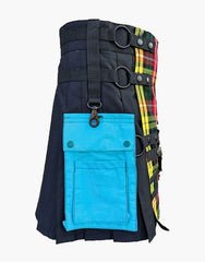 HYBRID KILT IN BLACK AND BUCHANAN WITH LIGHT BLUE POCKETS - scottish kilt jacket