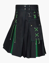 HYBRID KILT IN BLACK AND GREEN WITH LACES DESIGN - scottish kilt jacket