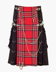 HYBRID KILT IN BLACK GOTHIC DESIGN WITH ROYAL STEWART APRON - Scottish Kilt Jacket™ USA-UK
