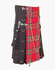 HYBRID KILT IN BLACK GOTHIC DESIGN WITH ROYAL STEWART APRON - Scottish Kilt Jacket™ USA-UK