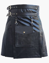 WITH A DETACHABLE FRONT POCKET, BLACK LEATHER KILT - Scottish Kilt Jacket™ USA-UK