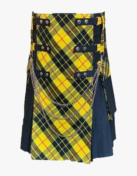 KILT IN BLACK DESIGN WITH TARTAN FRONT APRON - scottish kilt jacket