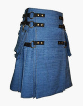 Gothic kilt in blue denim with detachable apron - Scottish Kilt Jacket™ USA-UK