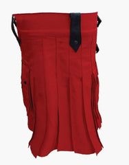 ELEGANT RED UTILITY KILT WITH BELT LOOPS AND LEATHER STRAPS - Scottish Kilt Jacket™ USA-UK