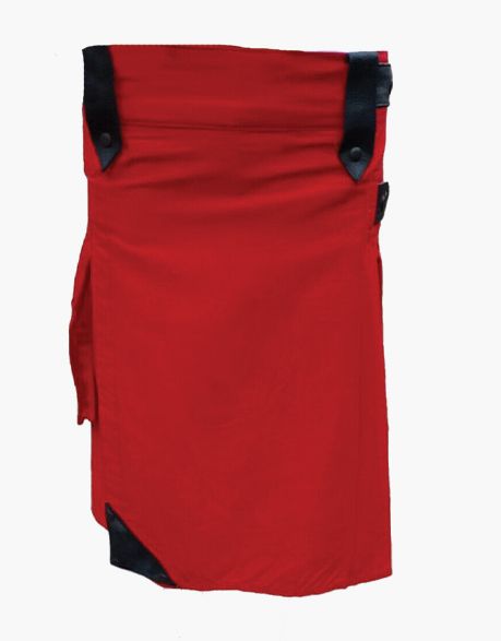 ELEGANT RED UTILITY KILT WITH BELT LOOPS AND LEATHER STRAPS - Scottish Kilt Jacket™ USA-UK