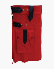 ELEGANT RED UTILITY KILT WITH BELT LOOPS AND LEATHER STRAPS - Scottish Kilt Jacket™ USA-UK