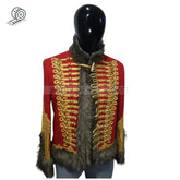 Handmade Napoleonic hussar jacket in red wool with fur collar and gold detailing, inspired by military style.