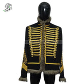 Men's handmade British Hussar jacket with gold braiding and faux fur trim, perfect for Napoleonic military reenactments.