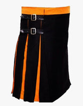 SPORTY PLEATED HYBRID KILT IN BLACK AND ORANGE - scottish kilt jacket