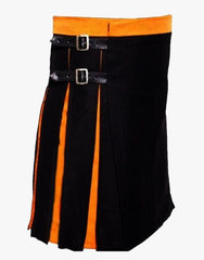 SPORTY PLEATED HYBRID KILT IN BLACK AND ORANGE - scottish kilt jacket