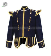 Navy Blue Pipe Band Doublet With Gold Braid White Piping And Front Zip Closure Jacket