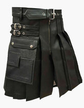 Modern Black Leather Kilt with Pleated Design - Scottish Kilt Jacket™ USA-UK