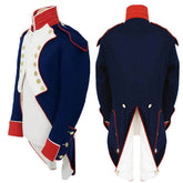 Napoleon Military Jacket costume featuring navy blue design with red accents, ideal for historical reenactments and theatrical plays.
