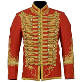 Elegant red Hussar jacket with gold braiding, crafted from premium wool, ideal for military uniform or historical reenactment.