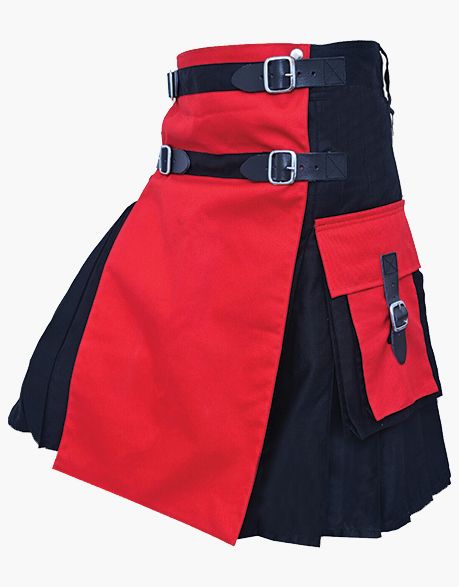 Two-tone utility kilt in black and red with detachable apron - Scottish Kilt Jacket™ USA-UK