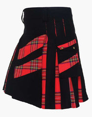 CROSS-STRIPS HYBRID TARTAN KILT IN BLACK AND ROYAL STEWART COLOR - scottish kilt jacket