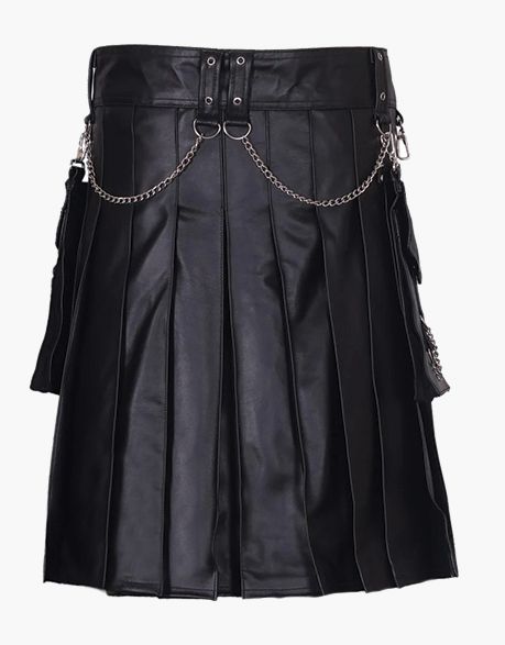 Style Black Leather Kilt Featuring Silver Chains - Scottish Kilt Jacket™ USA-UK