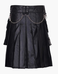 Style Black Leather Kilt Featuring Silver Chains - Scottish Kilt Jacket™ USA-UK