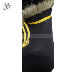 Close-up of a handmade men's Hussar jacket featuring faux fur trim and gold embellishments.