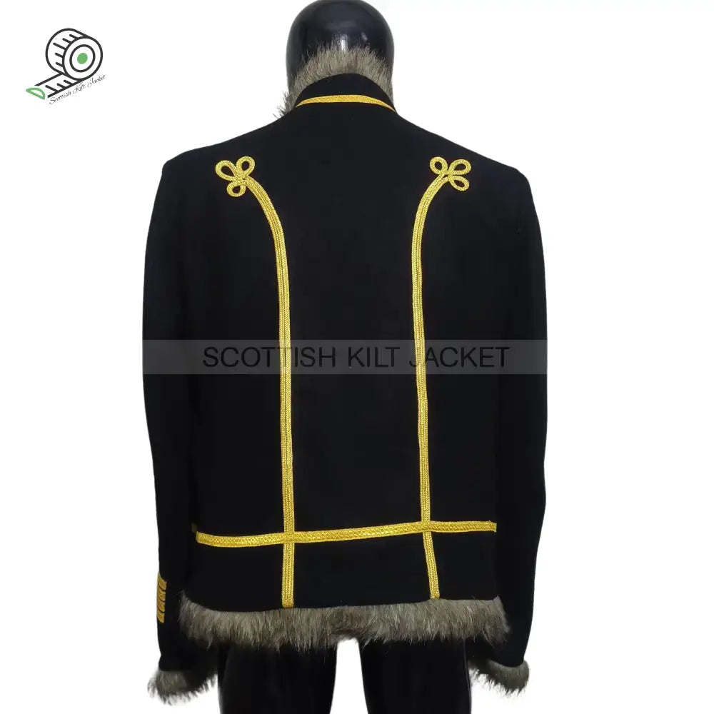Back view of a Scottish Kilt jacket with gold embroidery and faux fur trim.
