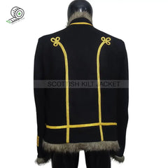 Back view of a Scottish Kilt jacket with gold embroidery and faux fur trim.