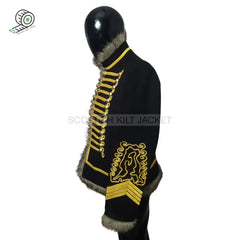 Men's British Hussar jacket in black wool with gold braiding and faux fur trim, perfect for Napoleonic reenactments.