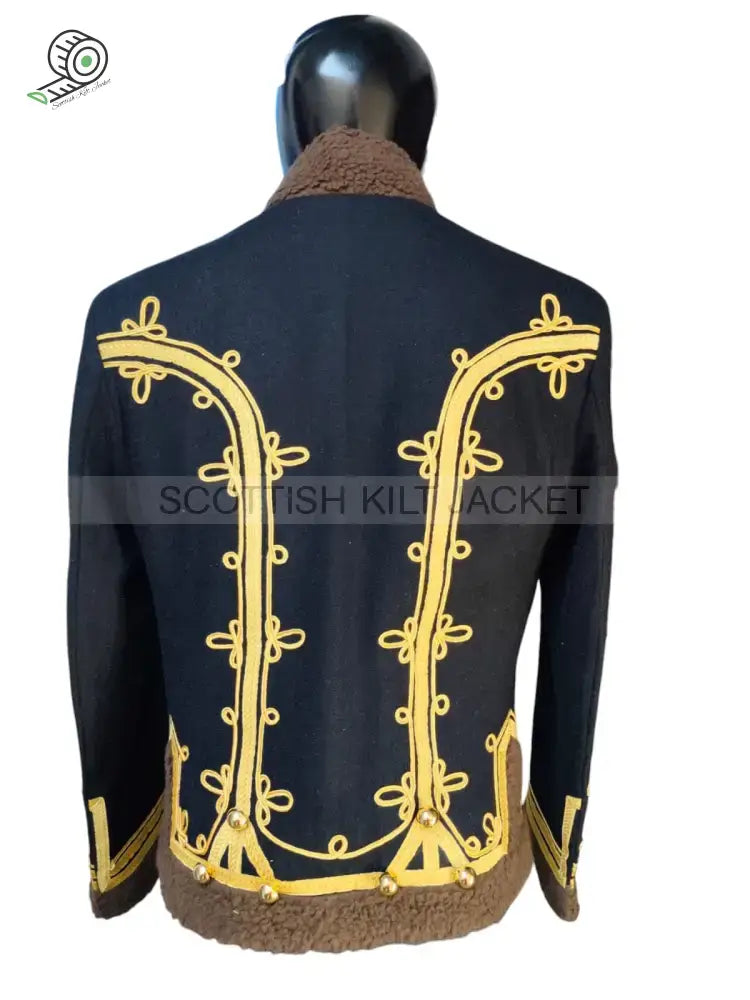 Back view of a Scottish Kilt Jacket featuring elegant gold detailing and a brown collar.