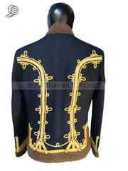 Back view of a Scottish Kilt Jacket featuring elegant gold detailing and a brown collar.