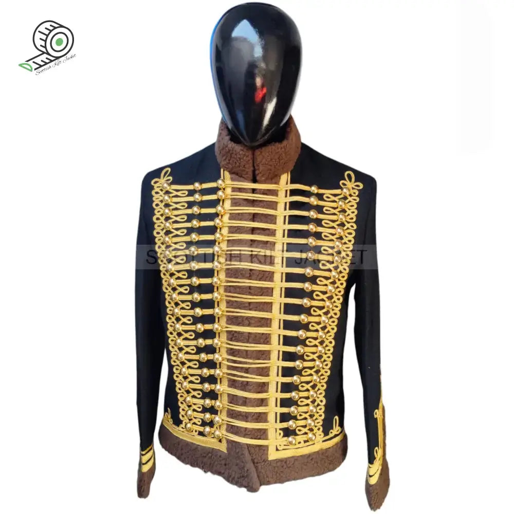 Napoleonic Hussar military style jacket with gold decorative detailing and brown faux fur collar.