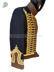 Napoleonic Hussar military style jacket with gold detailing and black fabric, designed for ceremonial occasions.