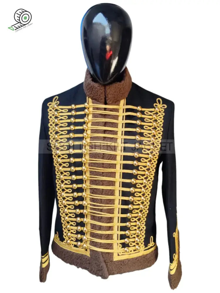 Napoleonic Hussar military style jacket with gold detailing and fur collar, inspired by Napoleon's iconic fashion.