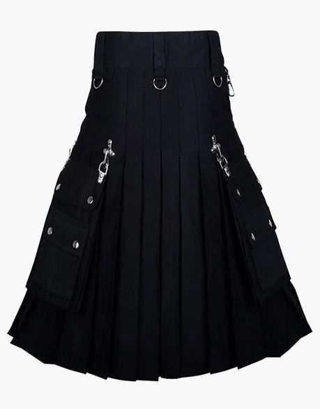CHARMING UTILITY KILT IN PURE BLACK WITH CHAINS - Scottish Kilt Jacket™ USA-UK