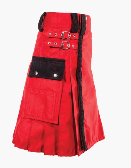 BLACK STRAPS ON A RED UTILITY KILT - Scottish Kilt Jacket™ USA-UK
