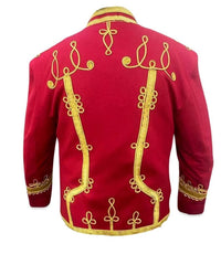 Elegant red Hussar jacket with intricate gold braiding, 100% premium wool military uniform inspired by Napoleon.