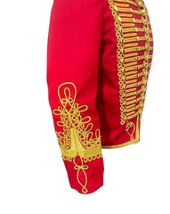 Red Hussar Jacket with gold braiding, side view, showcasing elegant military uniform design.