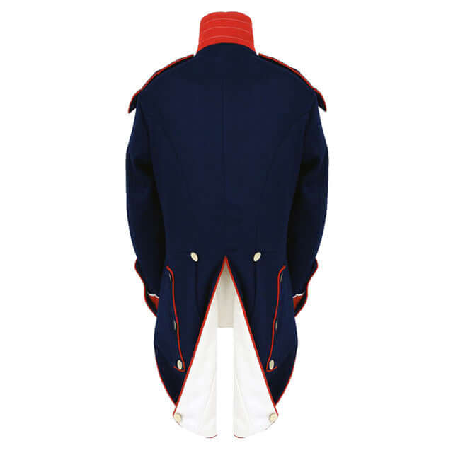 Back view of Napoleon Military Jacket, a historical tailcoat costume for reenactments and theatrical performances.