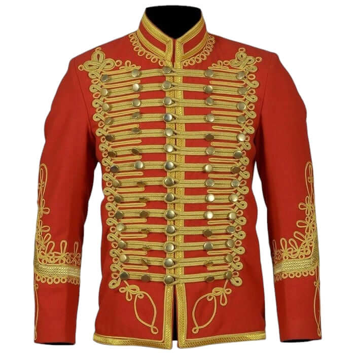 Elegant red Hussar jacket with gold braiding, crafted from premium wool, ideal for military uniform or historical reenactment.