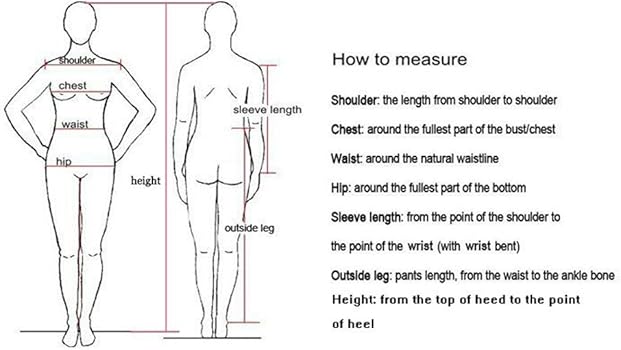 Guide on how to measure body dimensions for accurate fitting, including shoulder, chest, waist, and hip measurements.